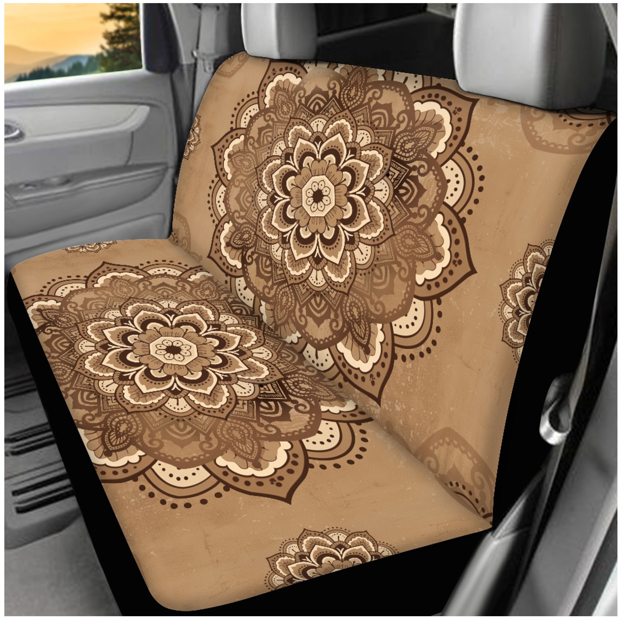 Jeiento Vintage Boho Mandala Front Back Seat Cover Set of 14 Steering Wheel Cover Seat Belt Pad Armrest Cover Pad Head Rest Covers Coasters Keychain Fit for SUV Van Truck Sedan