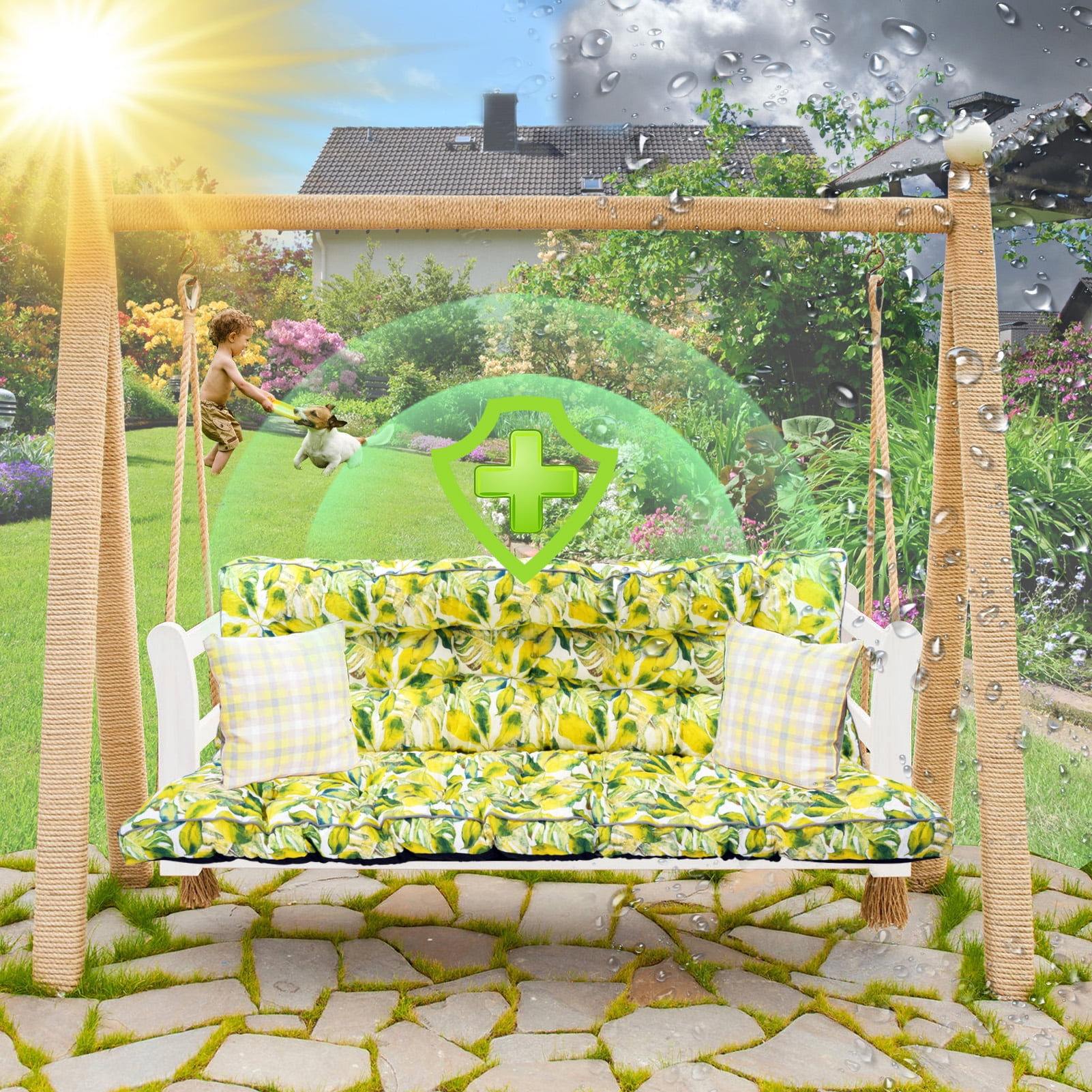 Porch Swing Cushion Thicken 4", 63" Swing Cushions 2-3 Seater Replacement, Waterproof Bench Cushions with Backrest, Anti-Fading Patio Swing Chair Pads for Outdoor Garden Furniture