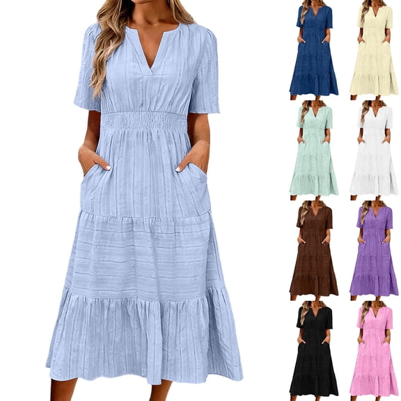 VBVC Women's V-Neck Ruffle Sleeve Midi Dress,Smocked Waist Tiered Boho Dress For Women,Ladies Casual Summer Beach Flowy Sundress with Pockets,Blue,S-3XL