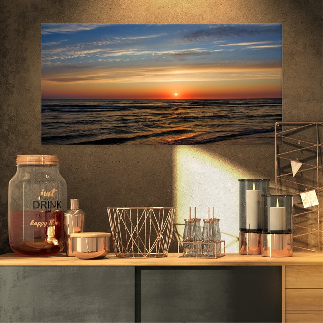 Coucher de Soleil Rouge avec Vagues Sombres de l'Océan - Impression sur Toile