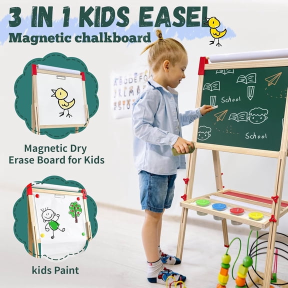 Kids Easel with 114 Art Supplies Accessories, Adjustable Wooden Art Easel for Kids, Double Sided Magnetic Chalkboard and White Board for Kid, Drawing and Painting for Aged 2-4,5-7,8-12,2 Paper Rolls