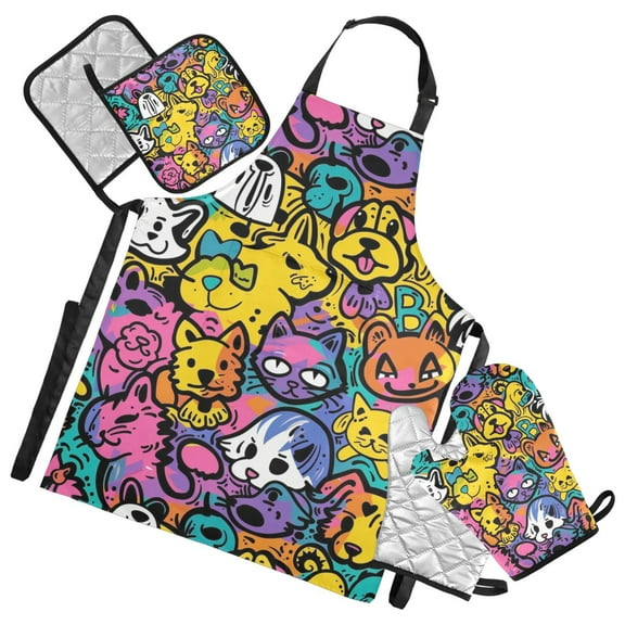 5 Pcs Kitchen Set Heat Resistant Oven Mitts and Non-Slip Pot Holders with Adjustable Cooking Apron Cat and Dog Graffiti