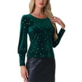thumbnail image 4 of INSPIRE CHIC Party Velvet Tops for Women's Round Neck Lantern Long Sleeve Metallic Stars Blouse Top XS Dark Green, 4 of 5