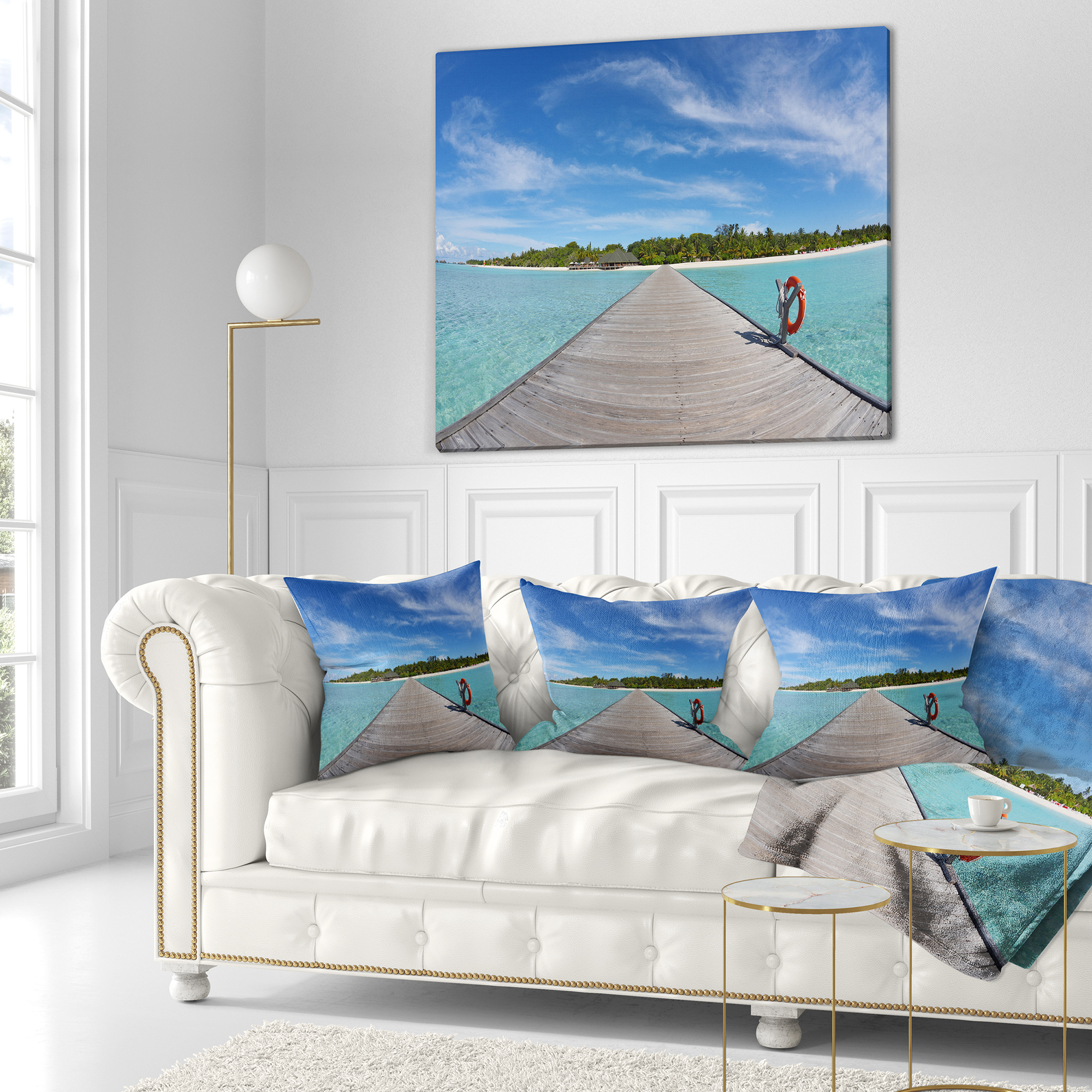 Designart Wooden Pier at Tropical Beach - Wooden Sea Bridge Throw Pillow - 16x16