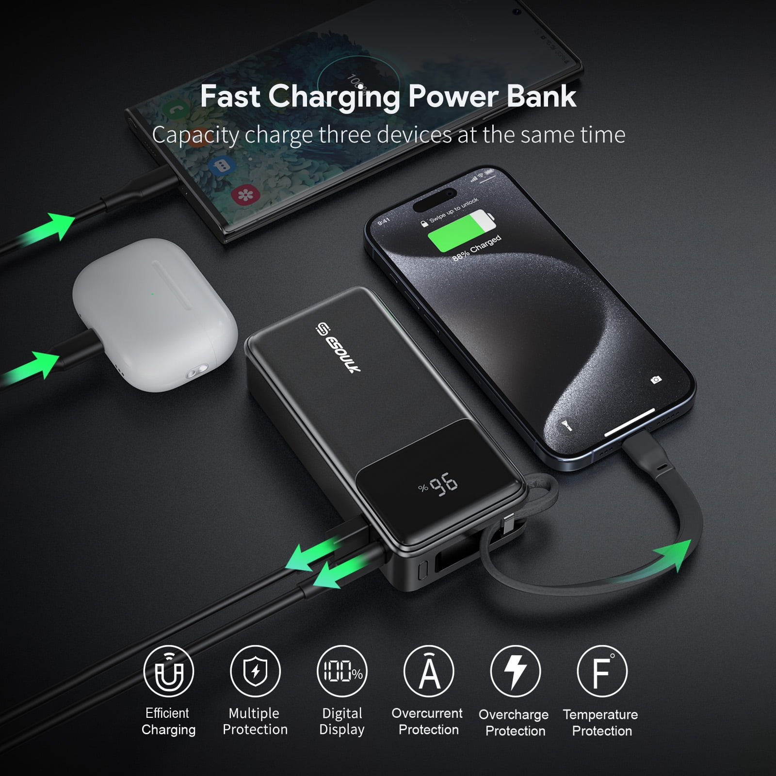 30W 10000mAh Power Bank Battery with Integrated USB-C Charging Cable - Black