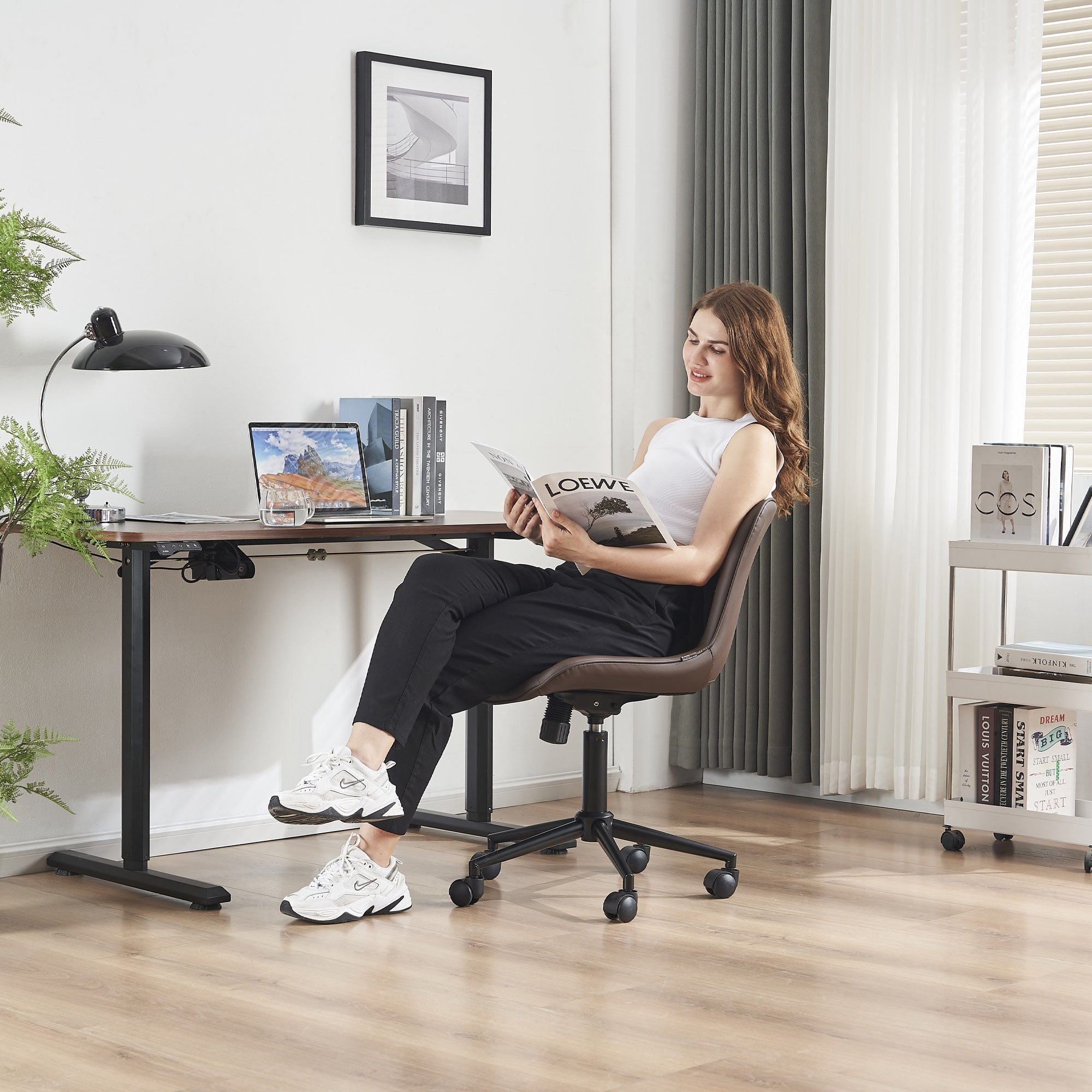 YOUNIKE Modern Office Chair with Wheels Adjustable Ergonomic Desk Task Chair in Mid-Back Brown PU Design