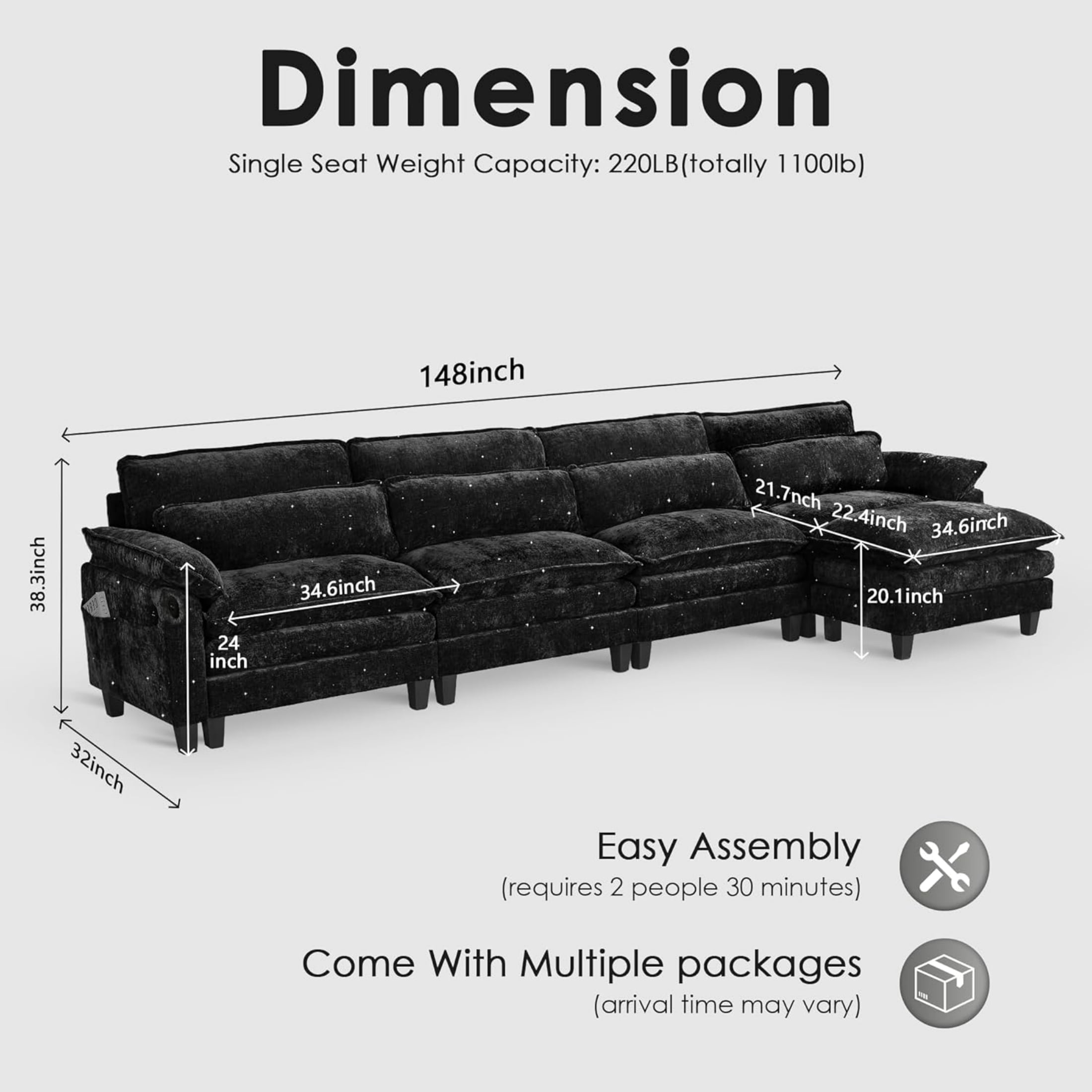 EPOWP Cloud Modular Sectional Sofa with Movable Ottoman, Comfy L Shaped Couch for Living Room, Chenille, 5-Seat, Stardust Black