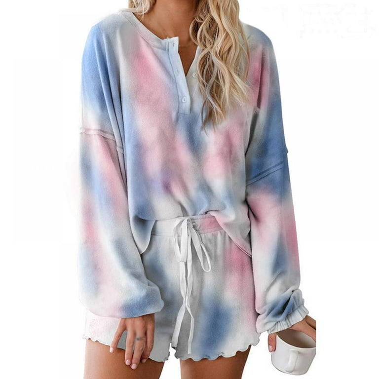 Women Tie Dye Pajamas Set Long Sleeve Tops Drawstring Shorts Set