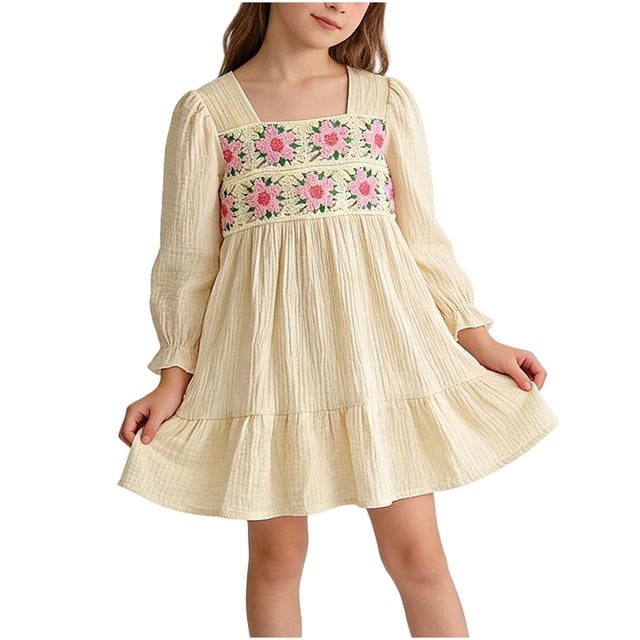 Floleo Robe Florale Brodée pour Filles à Manches Longues, Col Rond, Décontractée, Confortable, pour Tous les Jours, Tenue de Jeu, Robe Décontractée pour Enfants (Beige, 5-6 Ans)