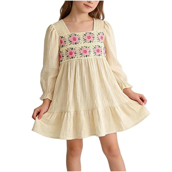 Vestido de Fiesta de la Niña Del Bebé de Manga Larga Bordada Floral, Falda Casual Cómoda para Niños