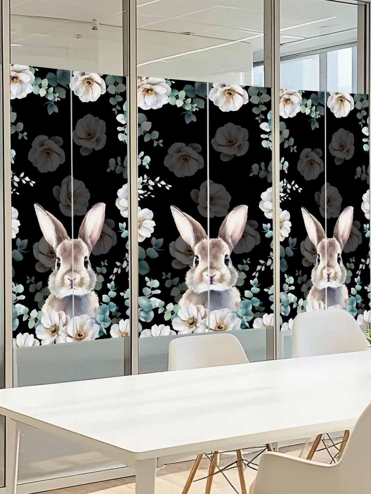 Easter Rabbit Window Privacy Film, Watercolor Bunny White Floral Leaf Black Background Frosted Glass Window Clings Static Cling UV Heat Blocking Reusable Door Sticker for Bathroom 23.6 x 59 Inch