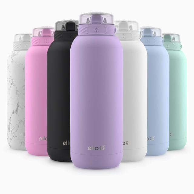 Botella de agua Ello Cooper de acero inoxidable, 1,2 L, color lila con pajita