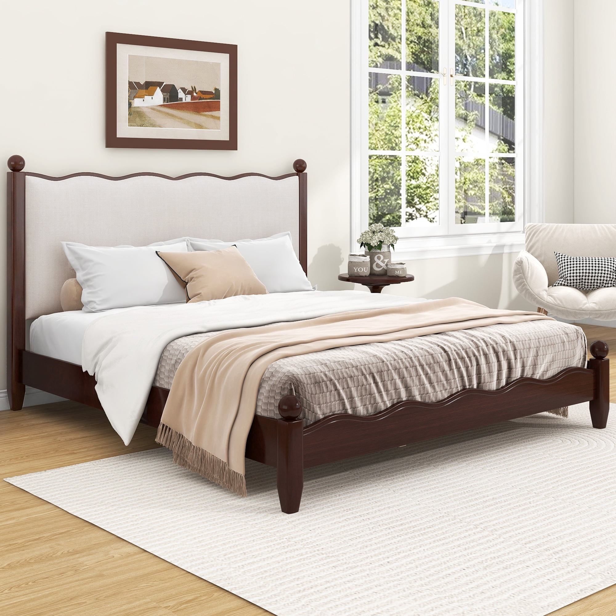Euroco Wood Queen Size Wood Platform Bed with Upholstery Headboard, Espresso