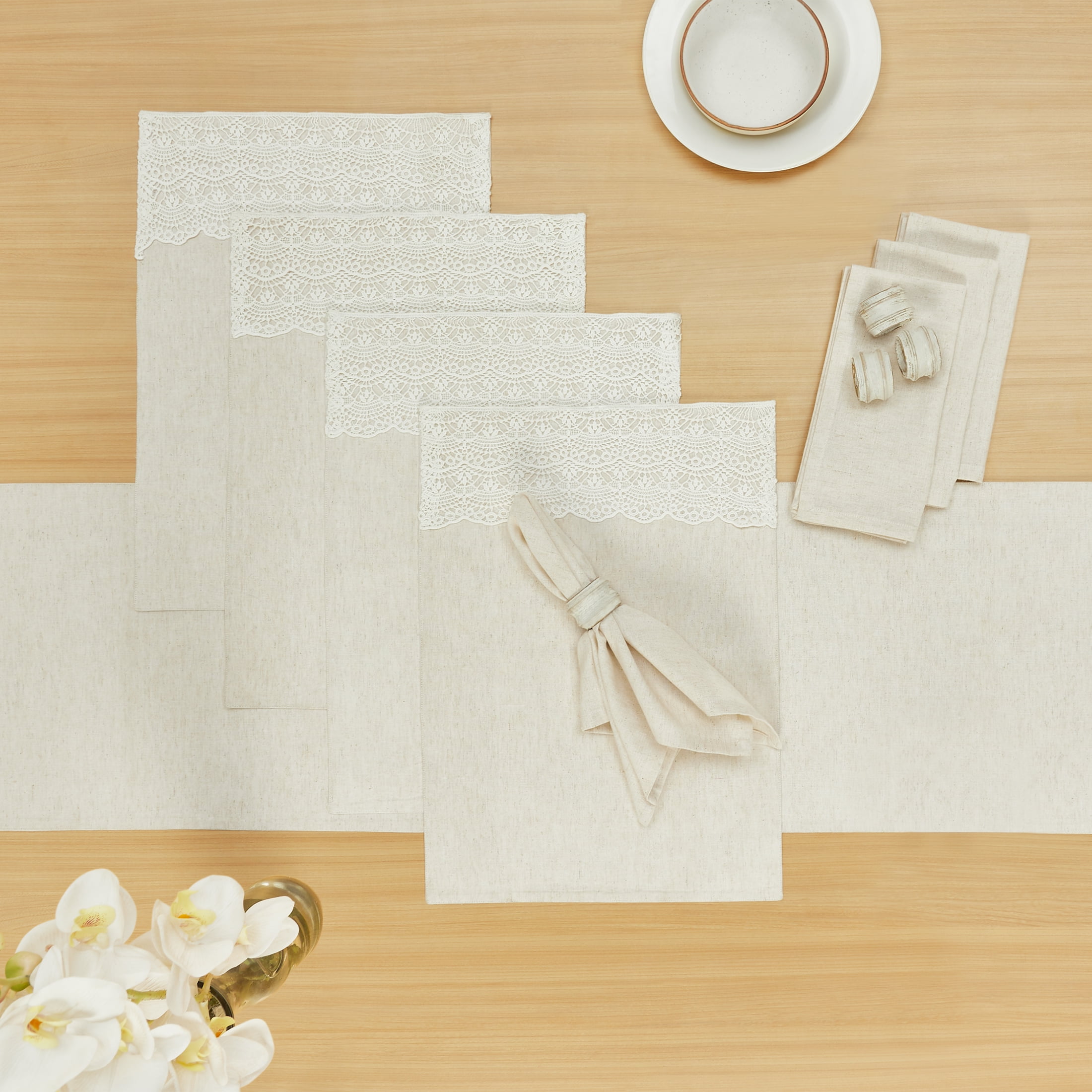 My Texas House Adalee Lace Cotton/Linen 13-Pieces Coordinated Table Runner Dining Set, Beige