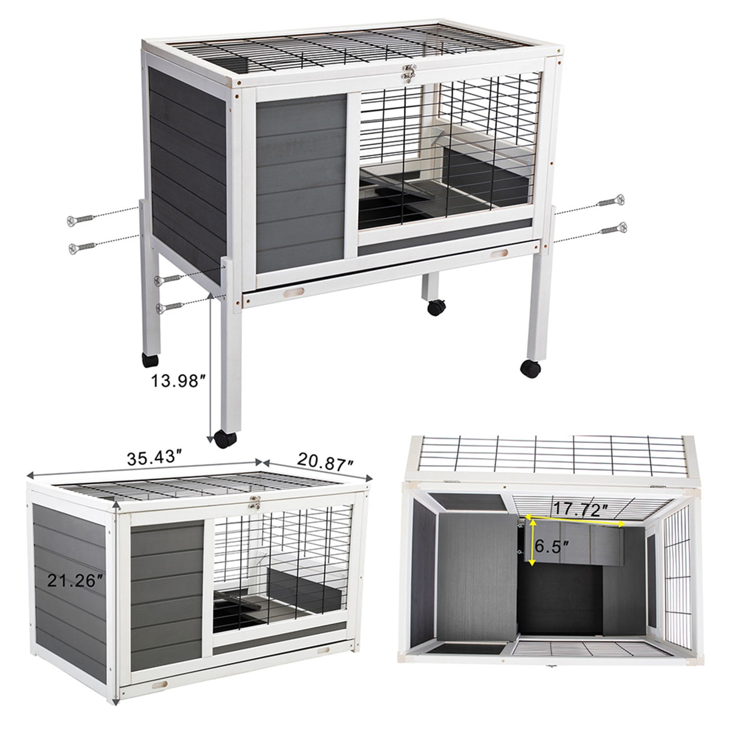 Pefilos Rabbit Hutch Indoor Outdoor Bunny House on Wheels Bunny Cage, Gray Pefilos Rabbit Hutch Indoor Outdoor Bunny House on Wheels Bunny Cage, Gray
