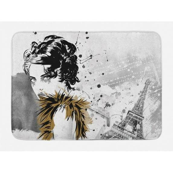 Modern Bath Mat, Posing Fashion Model Girl with Feathers and Dots Paris Eiffel Contemporary Artful, Non-Slip Plush Mat Bathroom Kitchen Laundry Room Decor, 29.5 X 17.5 Inches, Grey White, Ambesonne