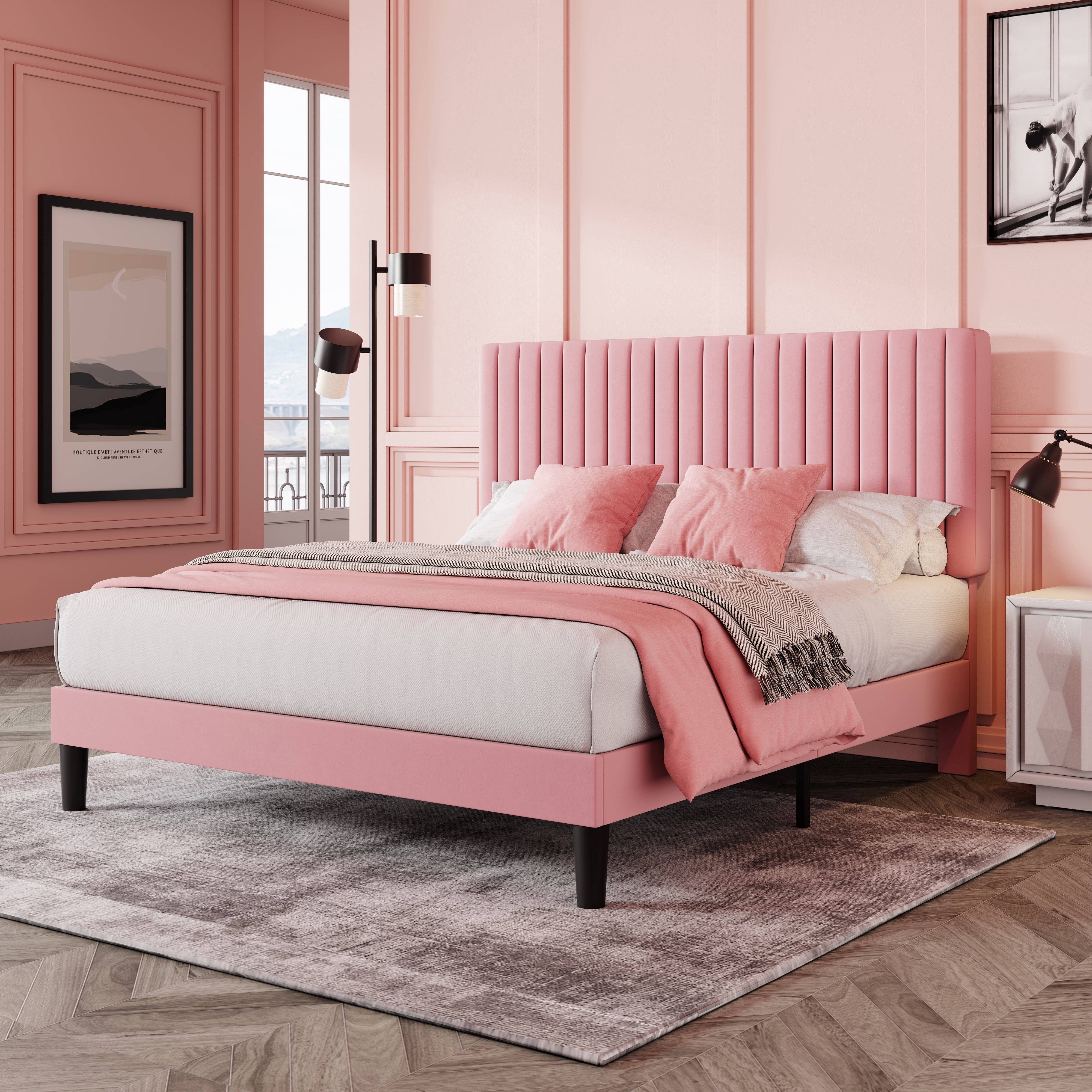 Allewie Queen Size Velvet Upholstered Platform Bed Frame with ...