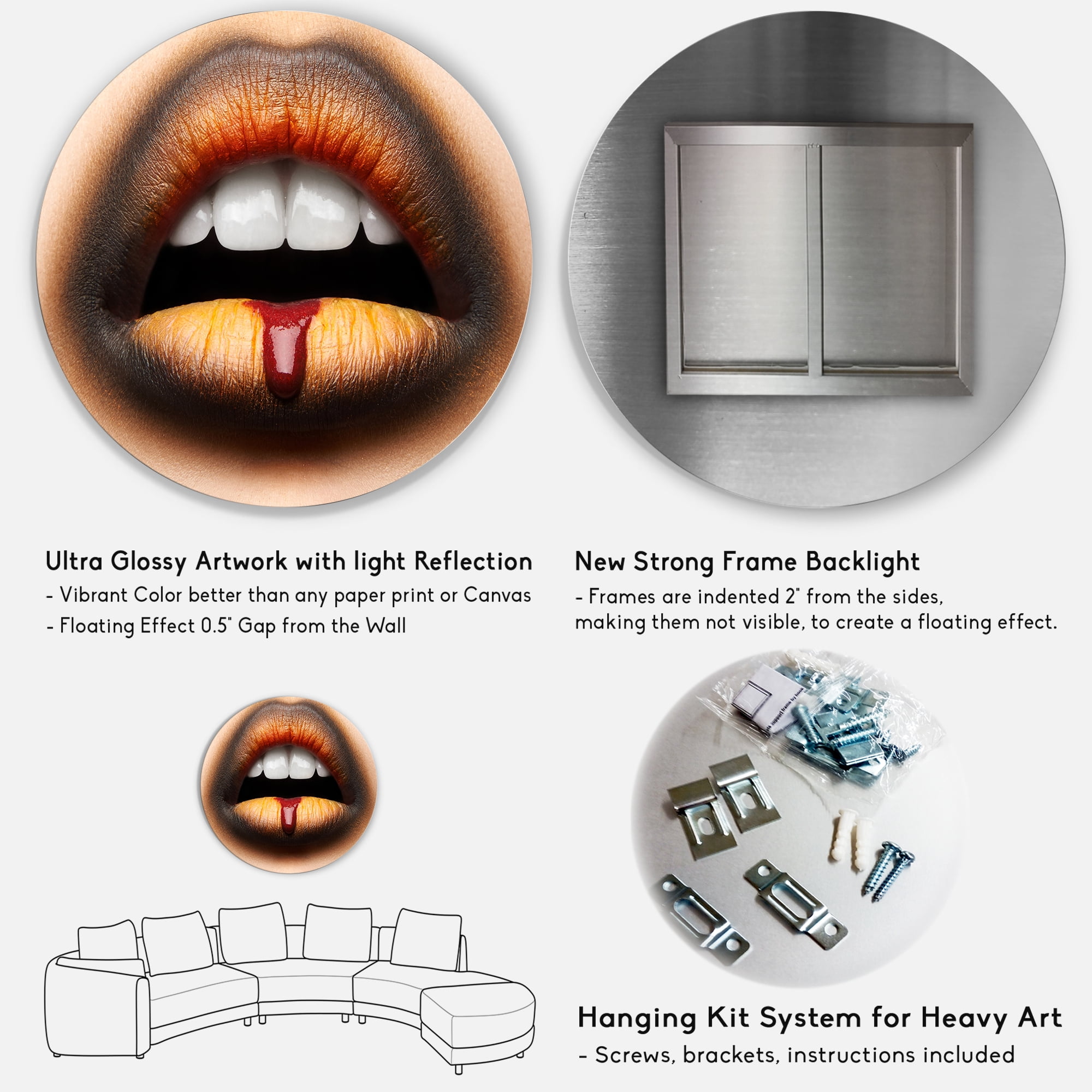 Designart 'Woman Lips With Black & Orange Lipstick' Modern Circle Metal Wall Art 36x36 - Disc of 36