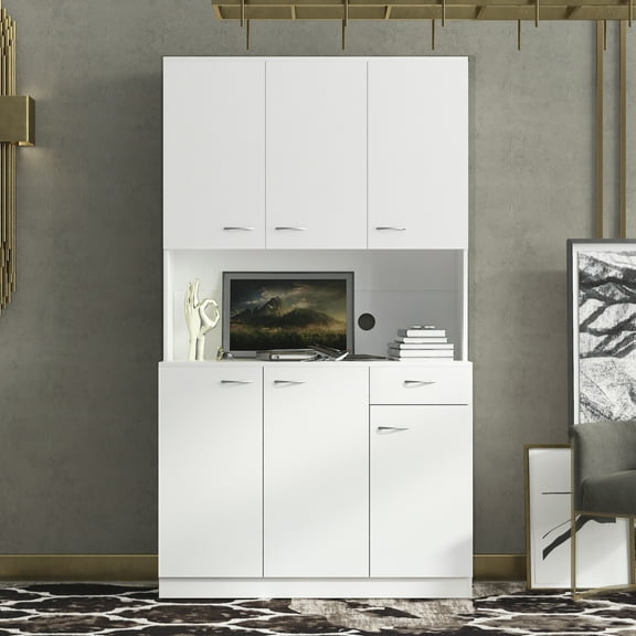 Pouseayar 70.87" Tall Kitchen Cabinet with 6-Doors, 1-Open Shelves and 1-Drawer, Freestanding Kitchen Pantry Cabinet, Microwave Storage Cabinet, White