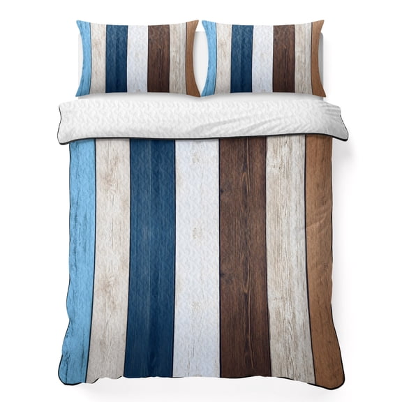 King Quilt Set 96''x106'', Blue Brown Farmhouse Lightweight Summer Bedspread Coverlet Set with 2 Pillow Shams, Vintage Retro Wooden Breathable All Season Quilt Bedding for Bedroom/Guest Room
