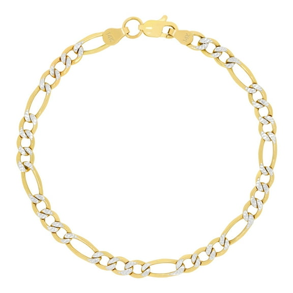 Nuragold 14k Real Yellow Gold Figaro Link 4.5mm Diamond Cut Two Tone Pave Chain Bracelet (7"-9") Italian Jewelry for Men & Women
