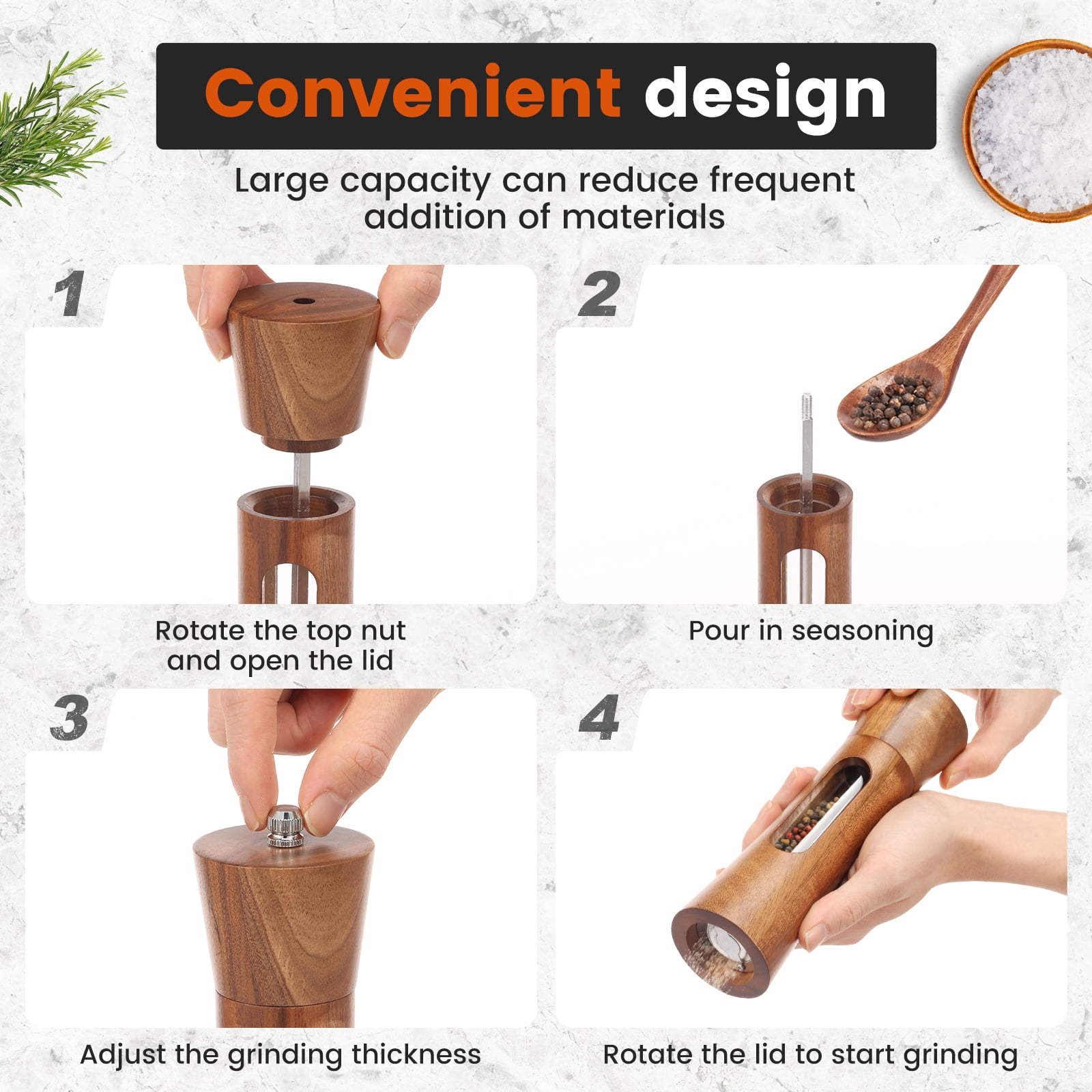 2 PCS Acacia Wooden Salt and Pepper Grinder Set 7.87 Inch Refillable Salt and Pepper Shakers with Clear View Window Ceramic Grinder, Adjustable Coarseness Tray + Cleaning Brush + Wooden Spoon
