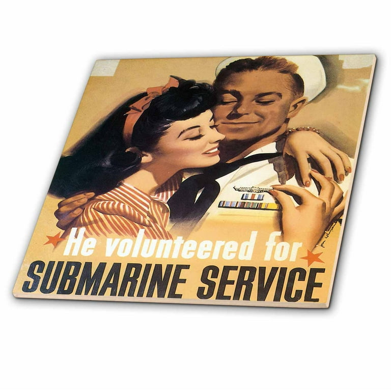 3dRose Vintage He Volunteered for Submarine Service Poster - Ceramic Tile,  4-inch 