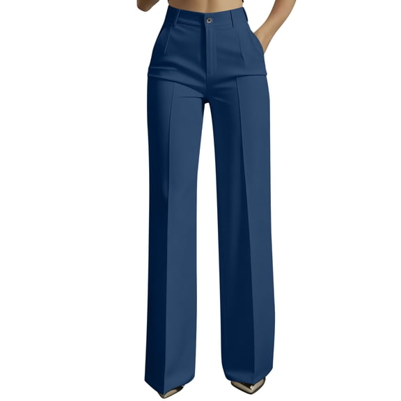 LEAVINGSUO Dress Pants for Women Business Casual Women's Solid High Waist Hanging Straight Tube Temperament Suit Pants With Pockets Navy XXXL