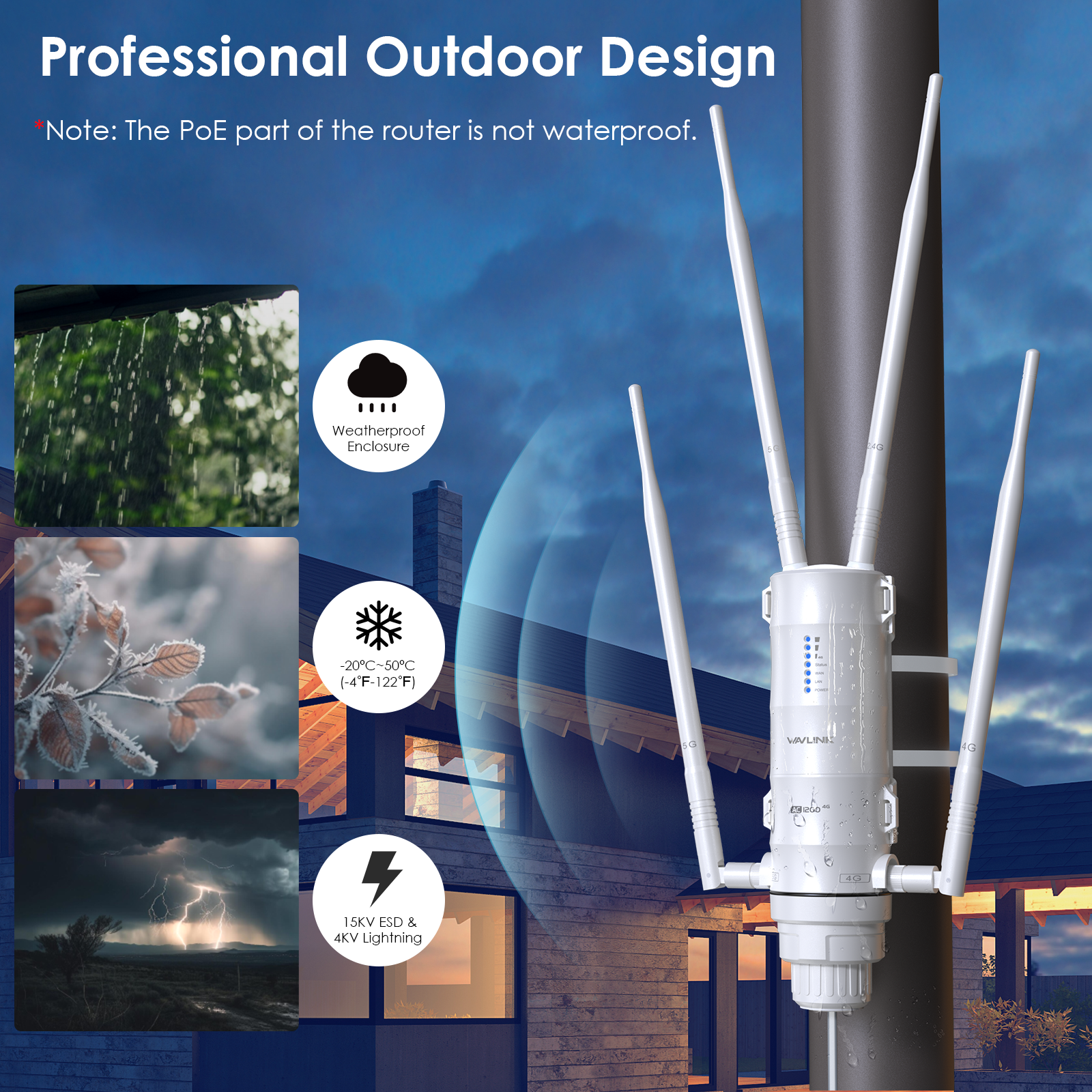 WAVLINK 4G LTE Outdoor Wi-Fi Router with Nano SIM Card Slot, 1200Mbps Dual Band Wireless Internet Hotspot WiFi, 4x7dBi Omni Directional Antennas, Support Router/4G Router/Mix Mode