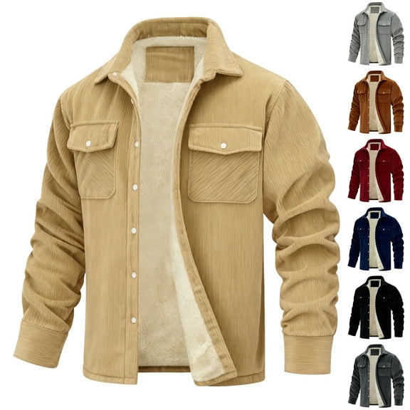 Men's Long-Sleeve Corduroy Jacket with Lapel, Pockets and Single-Breasted Fleece-Lined Design for Warmth, Fashionable Casual Style, Fall and Winter Wear, and Holiday Events,Black,L
