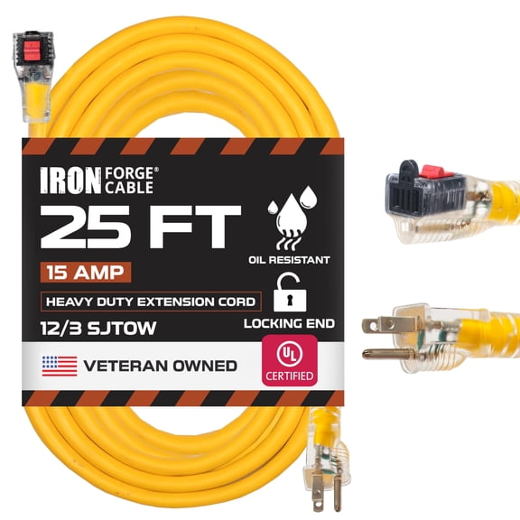 Iron Forge Cable Oil Resistant 12 Gauge Outdoor Extension Cord 25 ft with Locking Ends - 12/3 Heavy Duty Extension Cord Outdoor 3 Prong, Yellow Cable 15 Amp