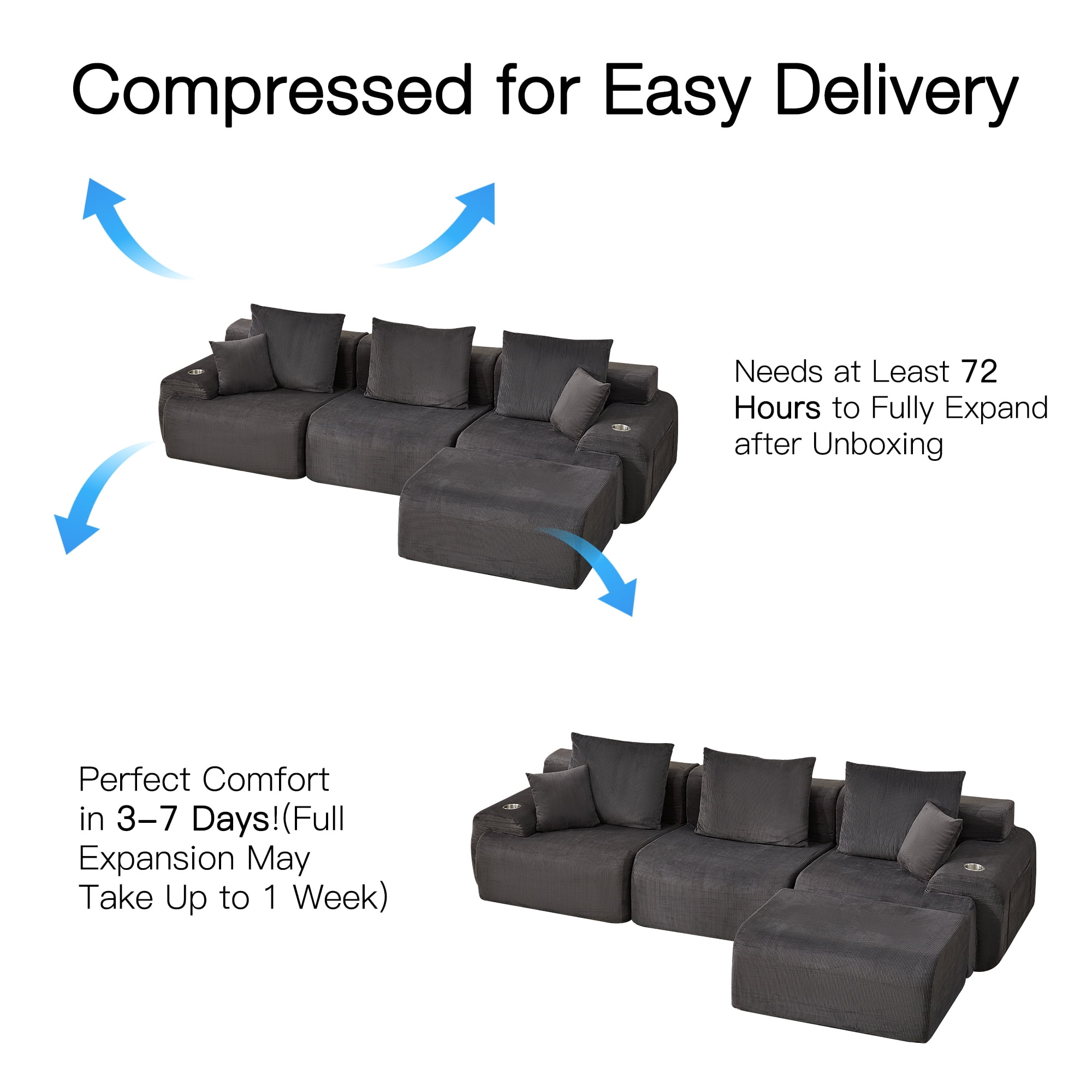HOMREST 118" L-Shaped Modular Sectional Sofa for Living Room, Corduroy Upholstery Cloud Sofa with Movable Ottoman, Oversized Boneless Couch with Deep Seat No Assembly Required (Charcoal Blue)