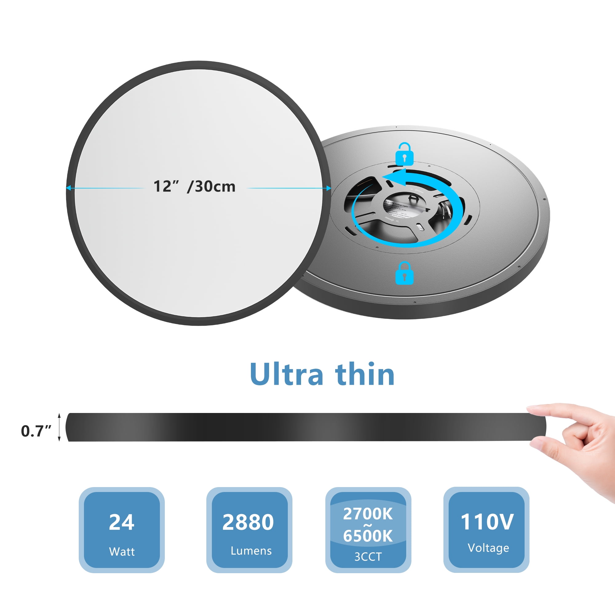 6-Pack 12" Dimmable LED Flush Mount Ceiling Light, 2700K-6500K Adjustable, 24W, 2880 Lumens, Modern Ultra-Thin Round Fixtures for Bedroom, Kitchen, Hallway, Basement & Closet, Black