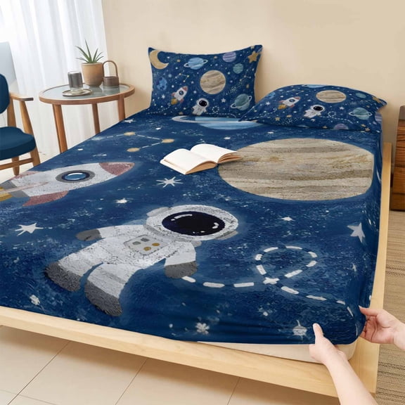 Twin Sze Fitted Sheet Set - Solar System Universe 2 Piece Bedding Sets 16" Deep Pocket Fitted Sheet with 1 Pillowcase, Galaxy Outer Space Navy Blue Brushed Microfiber Hotel Luxury Bed Sheets