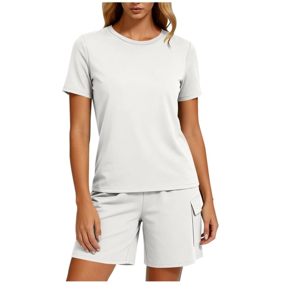 BUIGTTKLOP Two Piece Sets for Women Round Neck Short Sleeve Shirts Wide Leg Cargo Shorts Loose Fitted Lounge Sets
