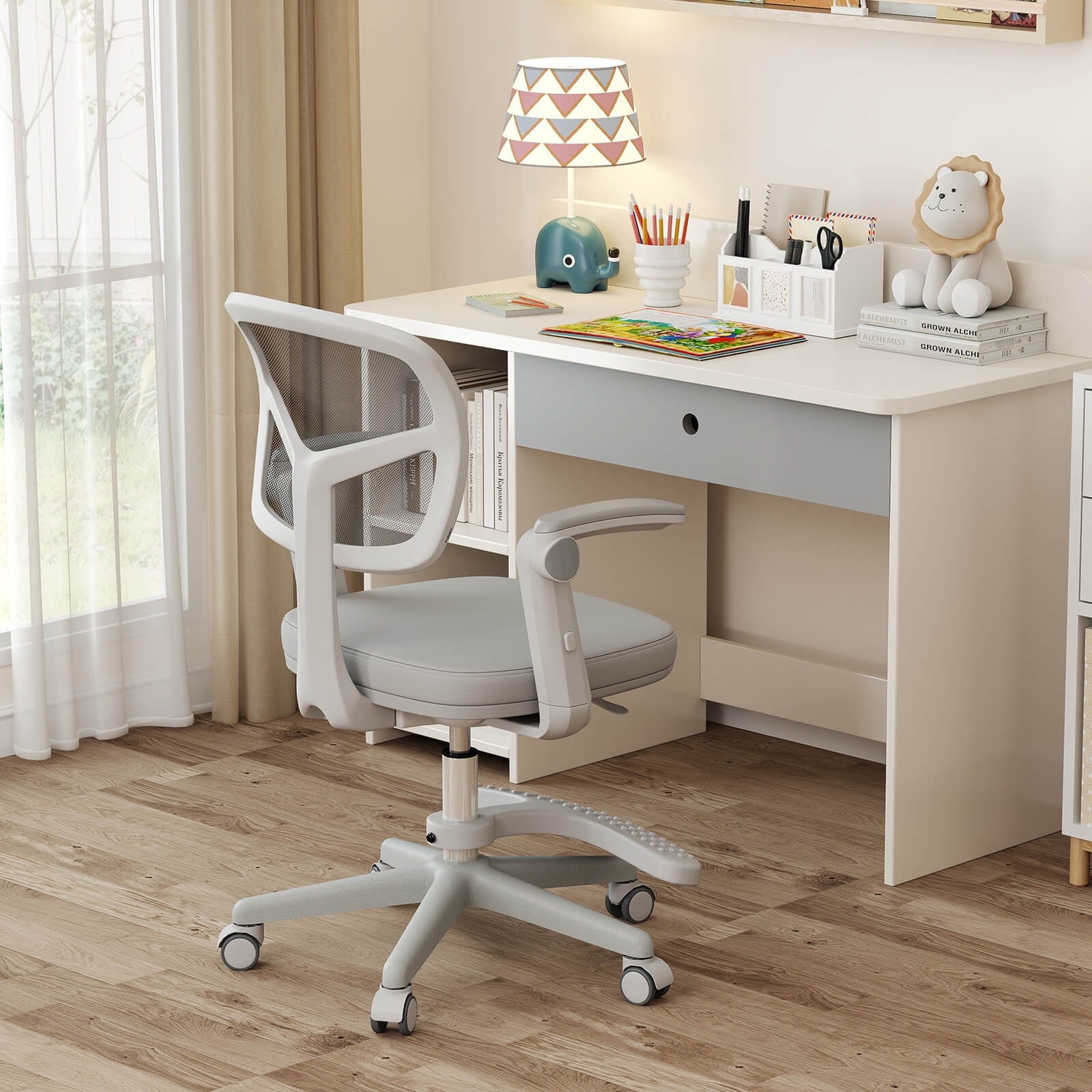 Costway Kids Desk Chair Children Study Chair with Adjustable Height, Armrest & Footrest Gray