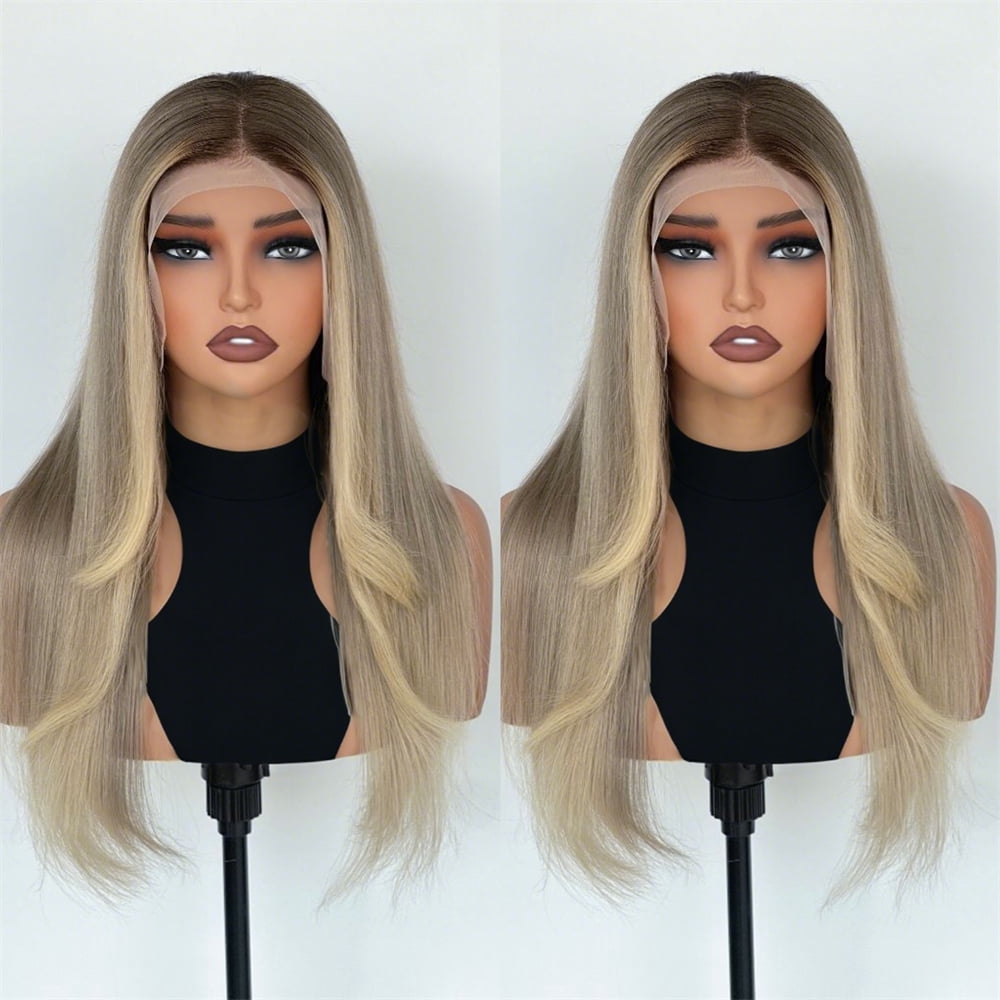 Mint Beige Blonde Ombre Highlight Lace Front Wigs Human Hair Pre Bleached Pre Plucked HD Transparent Lace Frontal Virgin Human Hair Wigs 180% Density Layered Cut Style Wig Human Hair With Baby Hair