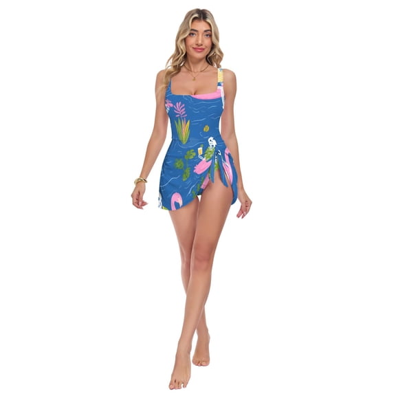 Womens Skeletons Pattern Print 2-in-1 Swim Dress Detachable Skirt One-Piece Swimsuit Square Neck S-XXL