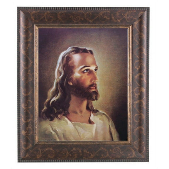 Head of Christ Picture Framed Wall Art Decor Large, Antique Gold and Expresso Decorated Frame with Beveled Edge and Gold Lip