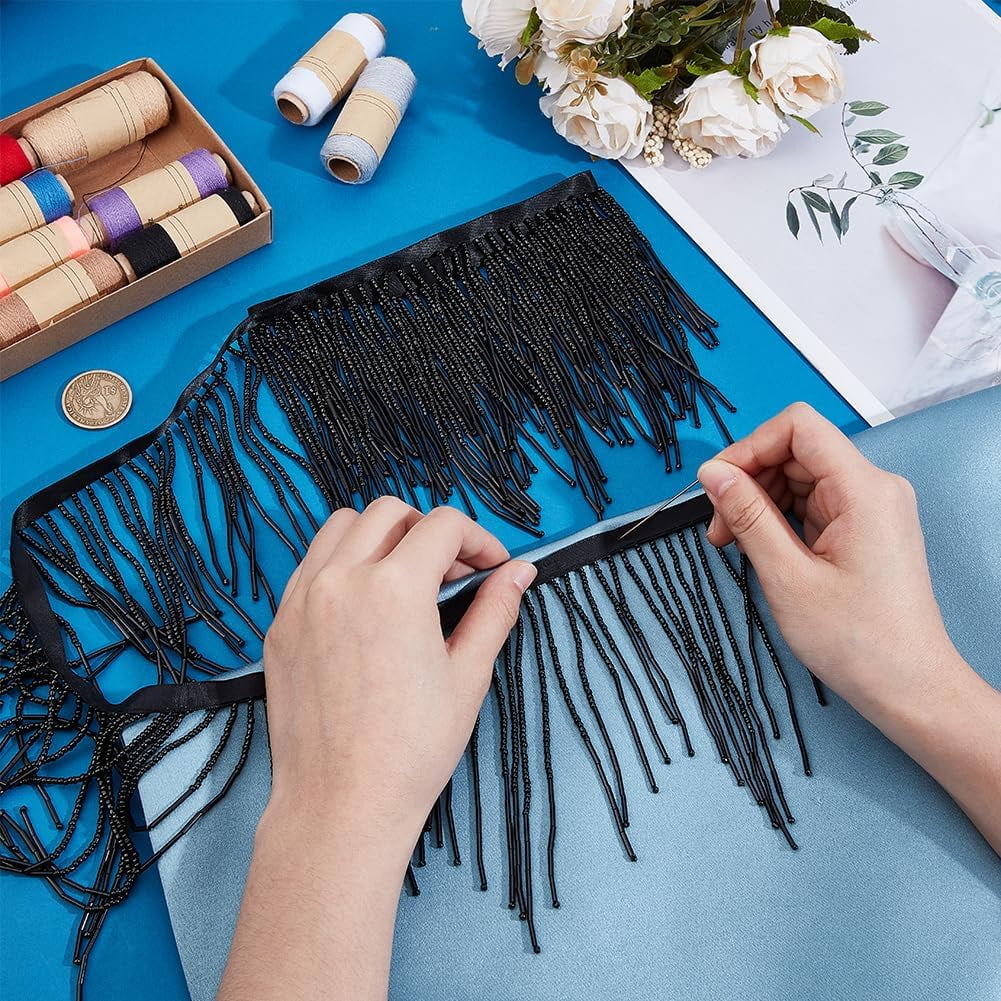 1set 1.8 Yards Glass Beads Fringe Tassel Lace Trim Ribbon Cotton Ribbon Clothing Accessories Black 5-1/2 inch(140mm)