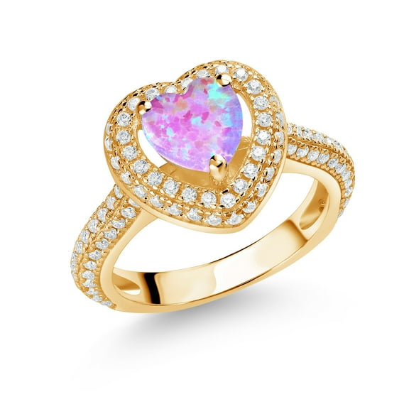 Gem Stone King 18K Yellow Gold Plated Silver Pink Opal and White Moissanite Heart Shape Ring for Women (1.37 Cttw, Size 8)