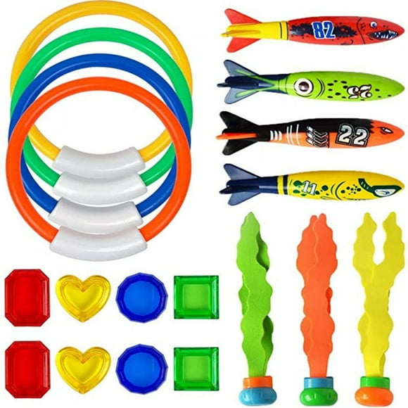 Dive Torpedo Swim Toys for Bath Time Fun, Brightly Colored Diving Toys Includes 4 Dive Rings, 4 Pool Torpedoes, 3 Aquatic Plants, 8 Gems, Aerodynamic Wings, Summer Water Games,