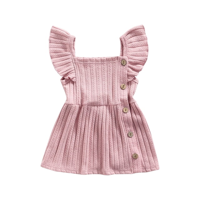 Fortune Robe Côtelée pour Bébés Filles Couleur Unie Manches Volantes Volants Robe Trapèze