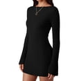 thumbnail image 3 of Women'S Elegant Boat Neck Long Flare Sleeve Ribbed Slim Fit Bodycon Knit Mini Dress, 3 of 9