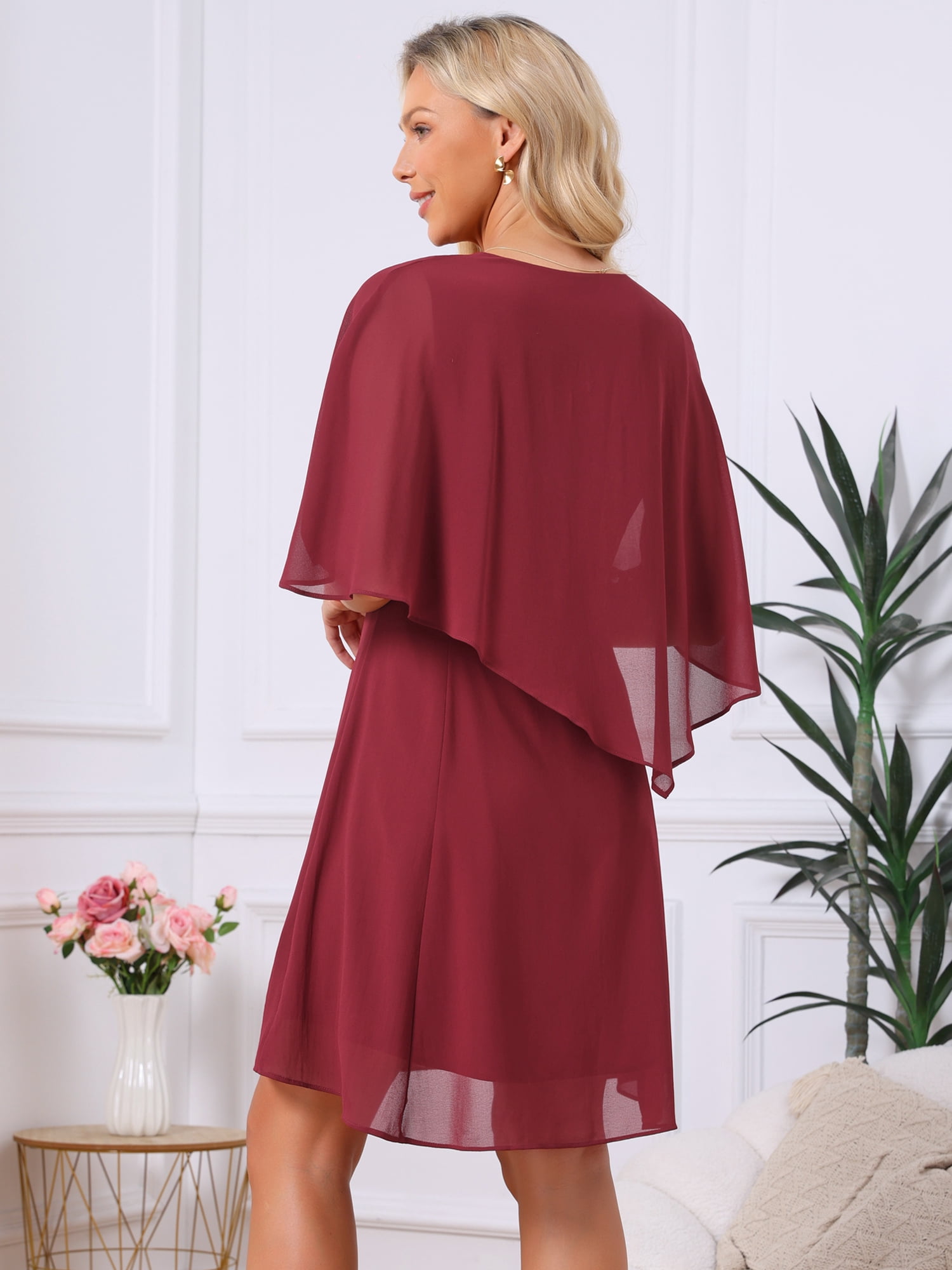 DARING DIVA Women's Chiffon Half Sleeve V Neck Wedding Guest Dress S Wine Red