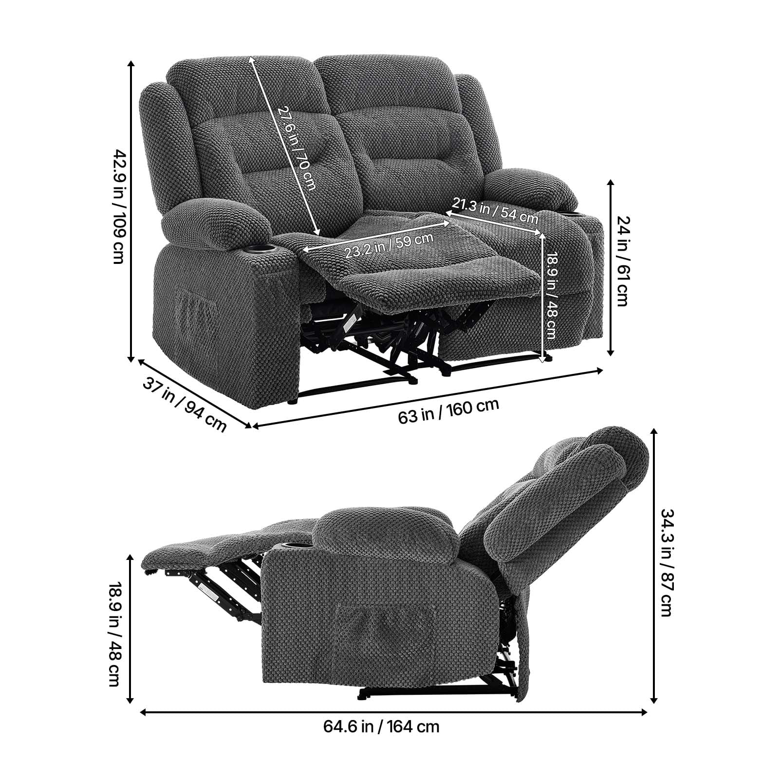 VEVOR Loveseat Recliner Sofa,Manual Reclining Couch with Heating and Massage, Soft Corduroy Recliner Sofa with USB Ports, Cup Holders and Side Storage Bags, Dual Loveseat Chair for Living Room, Grey