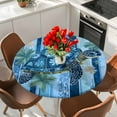 thumbnail image 2 of Sea Turtle Round Fitted Table Cover Floral Leaf Retro Blue Stripes Waterproof Table Cloth with Elastic Edge Wipeable Tablecloth for Picnic Camping Party Fits 55"-60" Diameter, 2 of 8