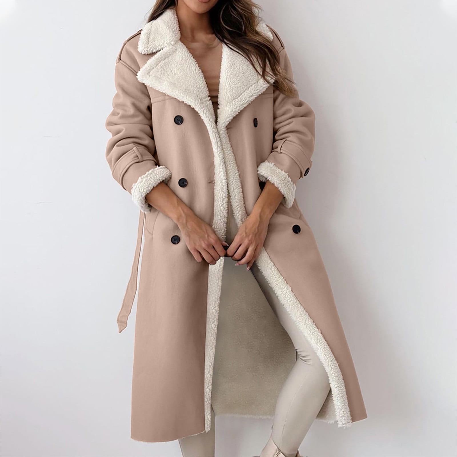 APEXFWDT Women Shearling Sheepskin Faux Leather Coat Long Winter Warm Sherpa Lined Jacket Notch Collar Button Down Trench Coat with Belt