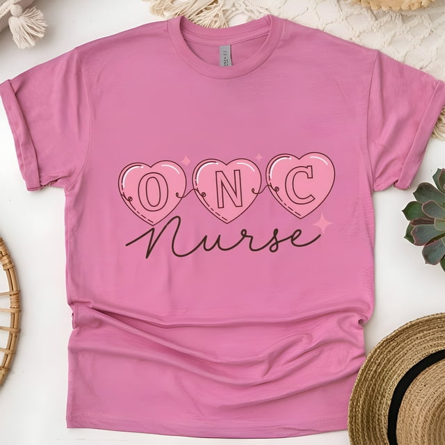 Oncology Nurse Graphic T-Shirt with Pink Heart Design, Heliconia, Size S