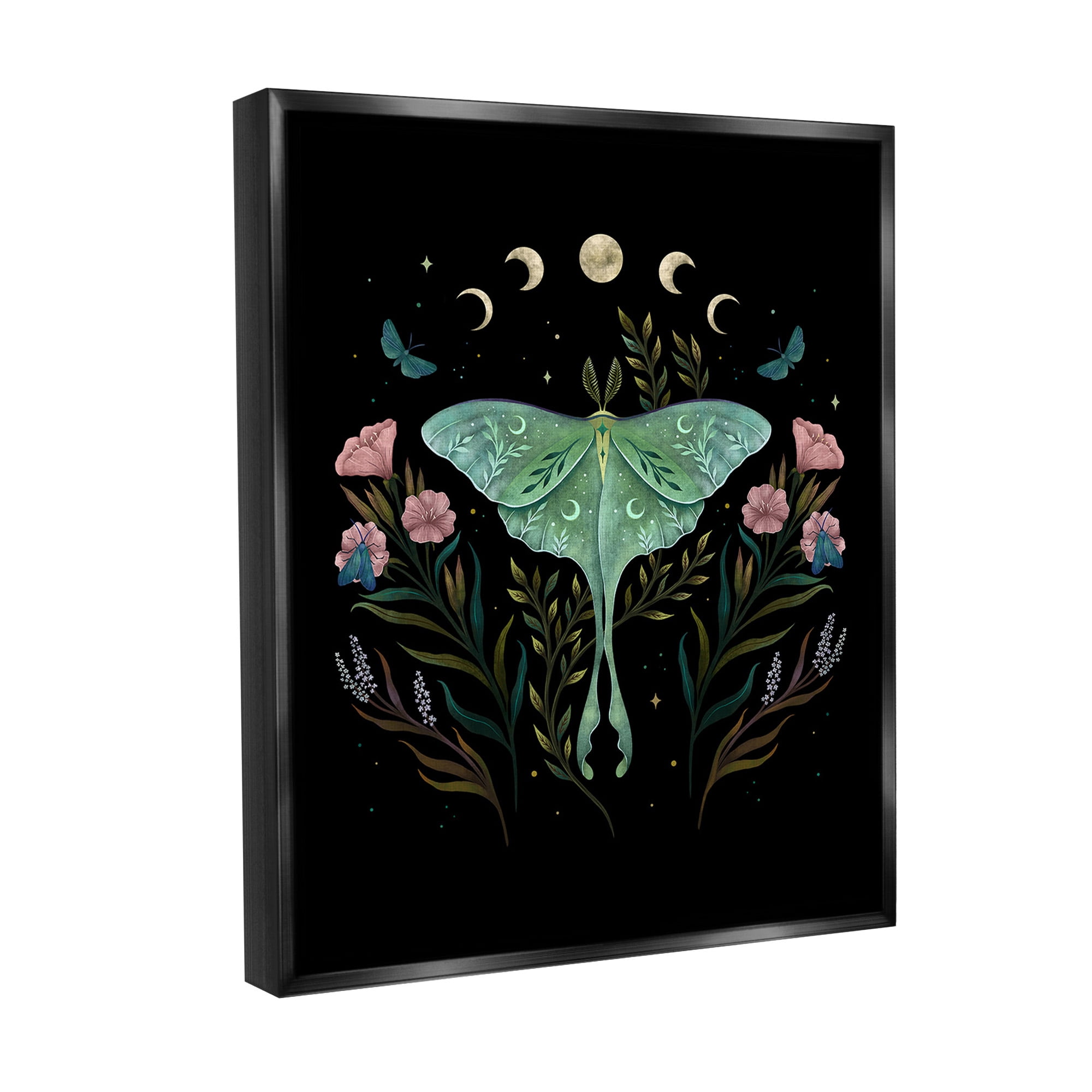Stupell Industries Luna Moth with Florals Animals & Insects Painting Black Floater Framed Canvas Art Print Wall Art, 17 x 21